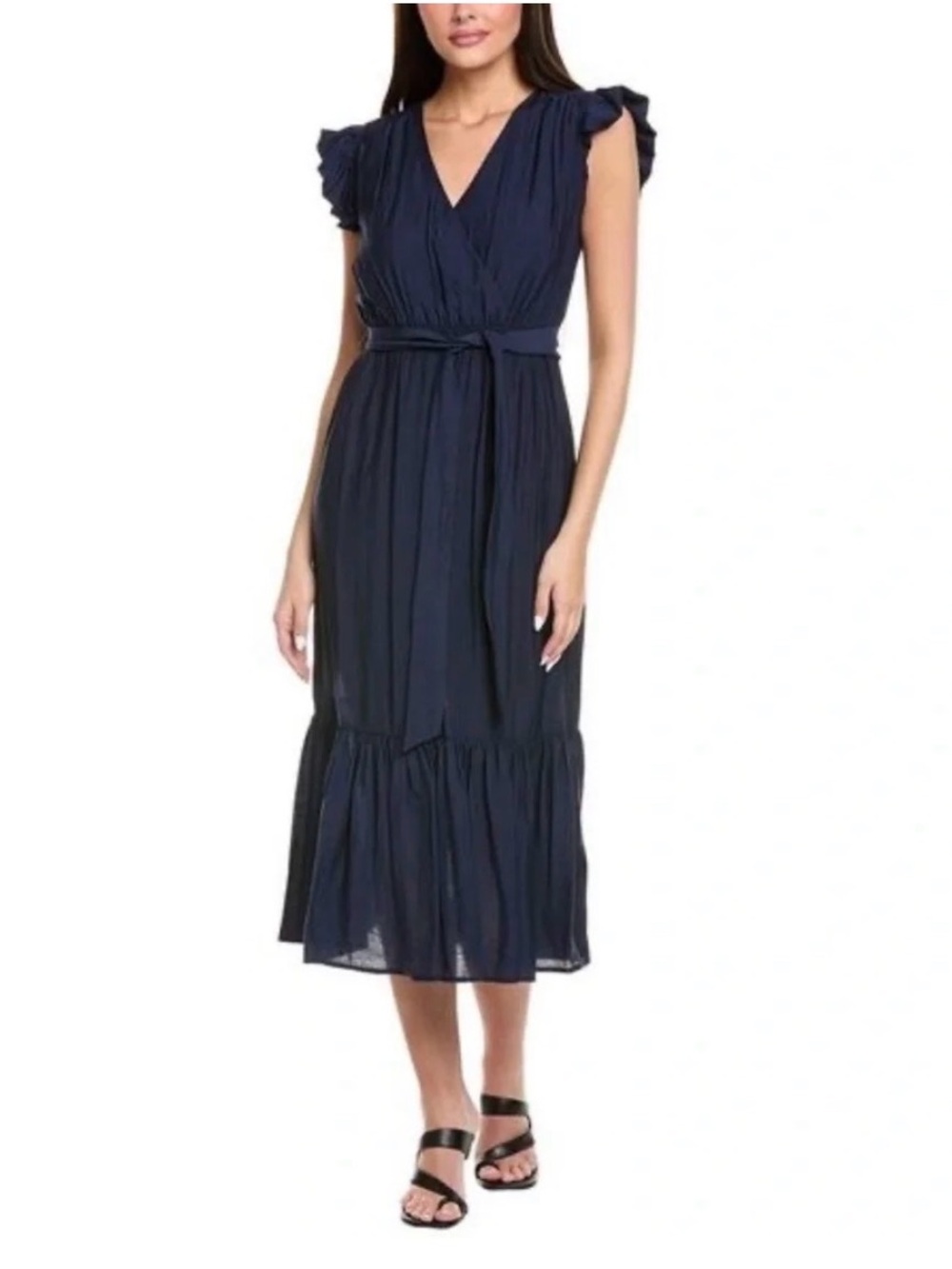 Sam Edelman Flutter Sleeve Midi Dress Surplice Tie Waist Tiered Navy 8